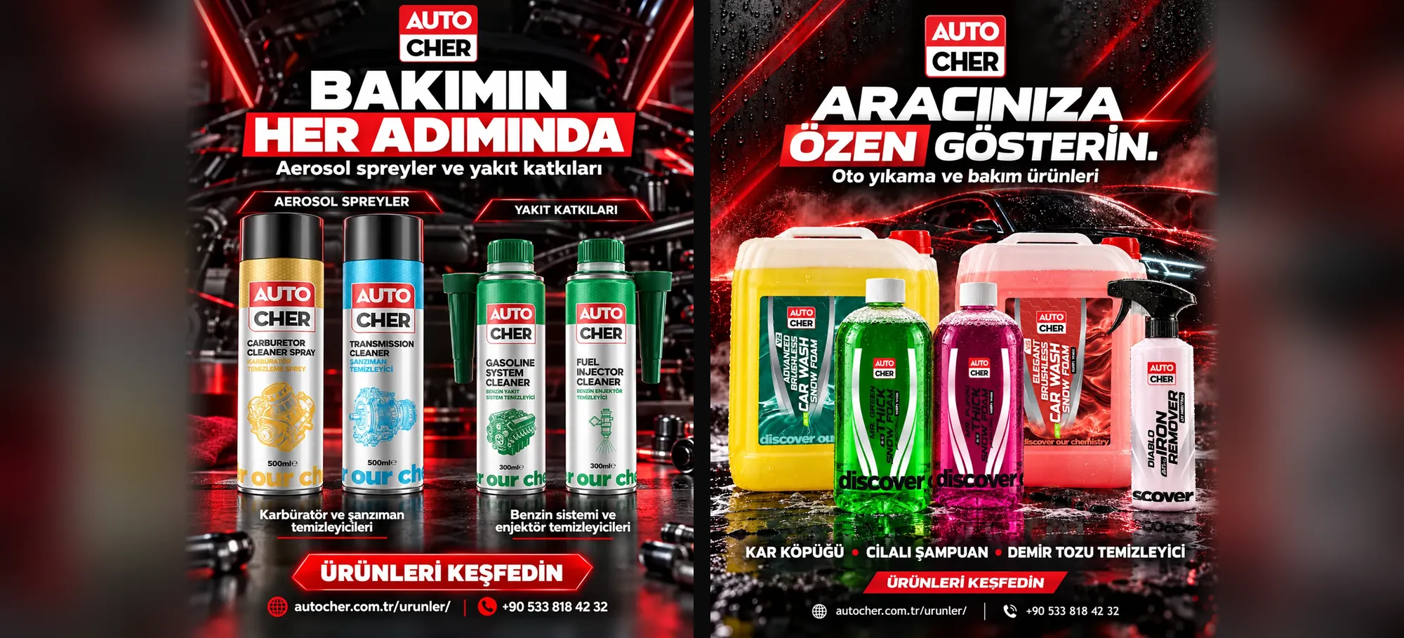 Bakımın her adımında: Autocher aerosol spreyler ve yakıt katkıları; oto yıkama ve bakım ürünleri